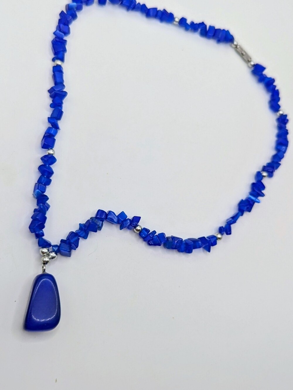 Vintage Electric Blue Chip Bead Statement Necklace with Smooth Organic Drop Pend